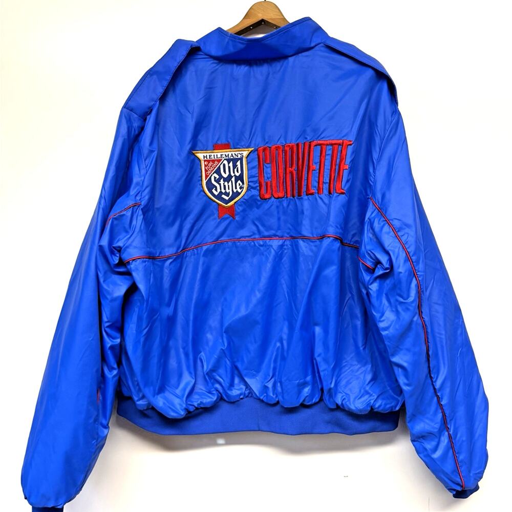 Vintage Old Style Beer Corvette Nylon Satin Bomber Jacket Blue Size XXL
